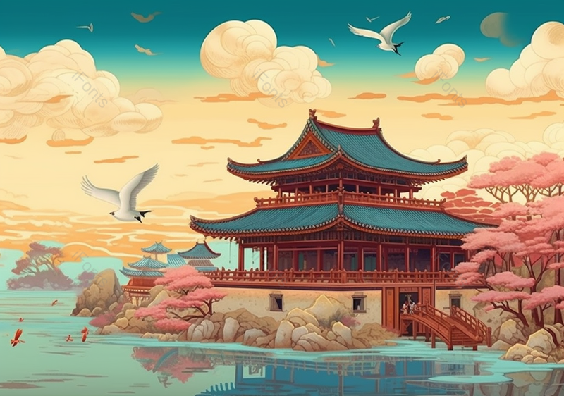 国潮古建筑祥云背景插画承德避暑山庄飞鸟和粉色的树木,插画/手绘图,插画/手绘图库,插画/手绘图下载,插画/手绘